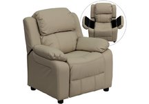 Contemporary Beige Vinyl Kids Recliner with Storage Arms