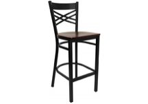 HERCULES Series Black ''X'' Back Metal Restaurant Bar Stool - Mahogany Wood Seat