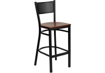 HERCULES Series Black Grid Back Metal Restaurant Bar Stool - Cherry Wood Seat