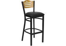 HERCULES Series Black Slat Back Metal Restaurant Bar Stool - Natural Wood Back, Black Vinyl Seat