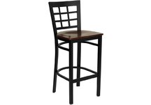 HERCULES Series Black Window Back Metal Restaurant Bar Stool - Mahogany Wood Seat