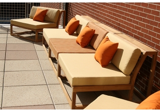 Auburn teak furniture and sunbrella bench cushions