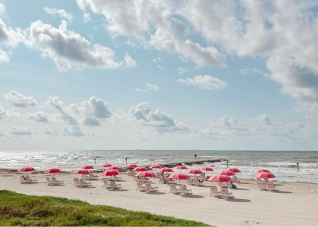 The Grand Galvez beach lined with rows of chairs and custom hot pink beach umbrellas