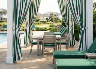 Country club poolside cabana with green and white curtains and custom green cushions