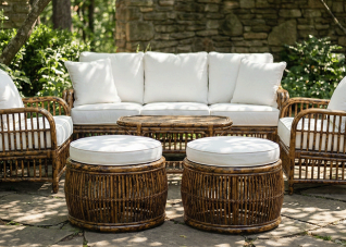 Tortoise outdoor seating set with white custom cushions and pillows