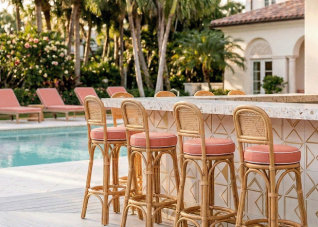 Resort poolside bar with custom coral bar stool cushions