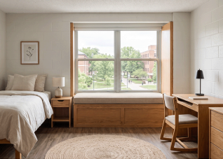 School dorm window seat with custom vinyl seat cushion